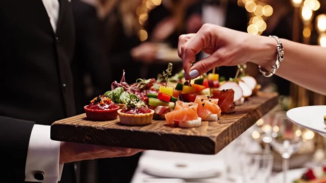Chef presenting an assortment of appetizers on a wooden serving board