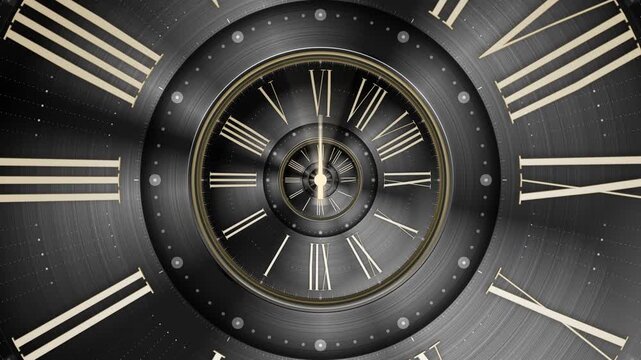 Fly through abstract vintage dark clock dial with golden roman numerals. Concept of Infinite time, deadline, scheduling, time management, time travel, time and space, past, present and future.
