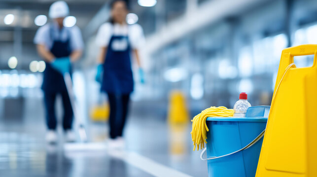 Industrial premises cleaning concept featuring professional cleaning staff and equipment in a large facility. Defocused industrial background. Industrial cleaning, large facility,