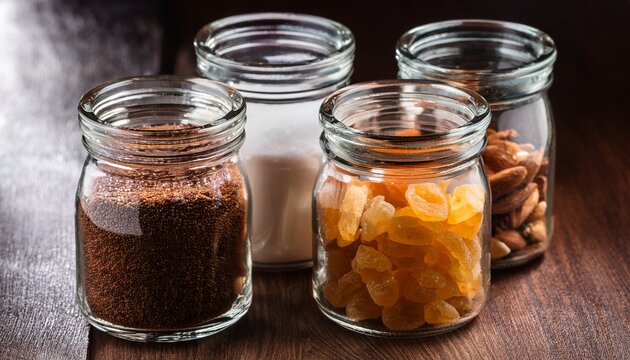 variety of natural sweeteners in glass jars for culinary and health uses