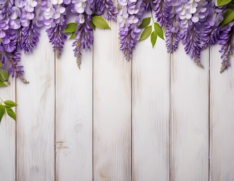 rustic white wash wood board mockup background with purple wisteria flowers top border