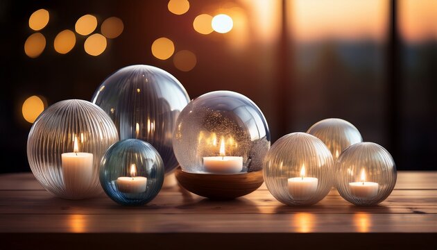 elegant crystal orbs and candles on wooden surface for home decor