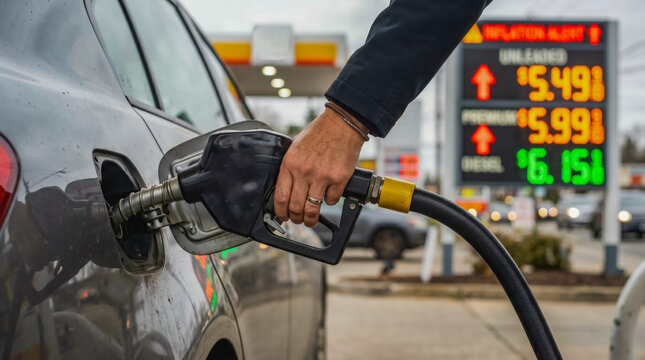 close up of a person refueling a car at a gas station with high fuel prices and an inflation alert displayed on the digital sign in the background, representing rising costs and economic crisis