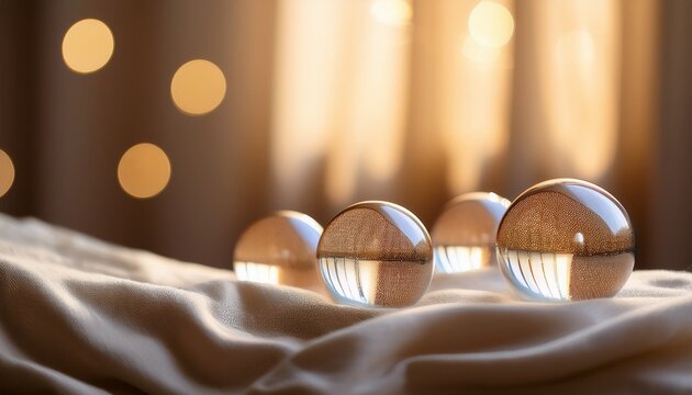 reflective glass orbs on soft fabric surface with gentle light play