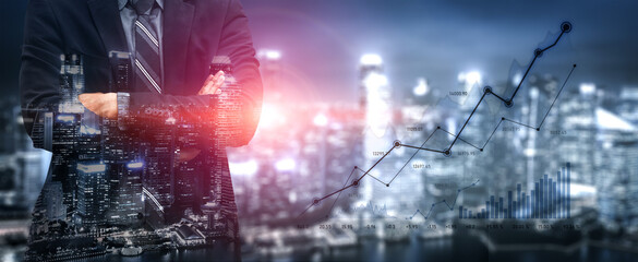 A businessman stands confidently in a suit with a city skyline behind him, showcasing financial graphs and data visualizations representing growth and success. Scalp © InfiniteFlow
