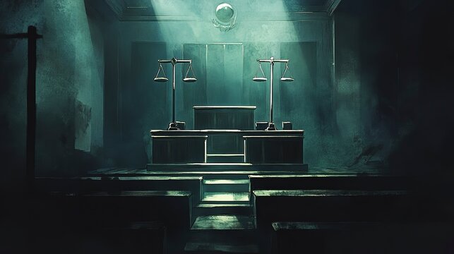 A mysterious courtroom bathed in dim light, evoking a sense of tension and anticipation. Shadows loom over the empty benches, while the scales of justice stand tall, ready for a verdict