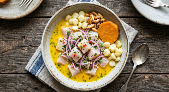 Peruvian ceviche with raw fish and vibrant ingredients