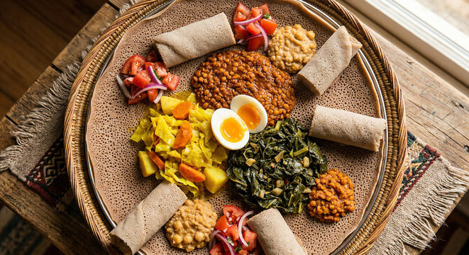Injera flatbread with Ethiopian wats and vibrant toppings