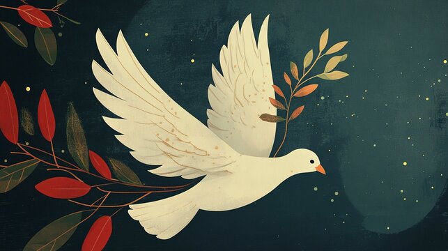 A graceful dove, wings spread wide, soars through a deep blue night sky. It holds an olive branch in its beak, representing peace and harmony, surrounded by twinkling stars