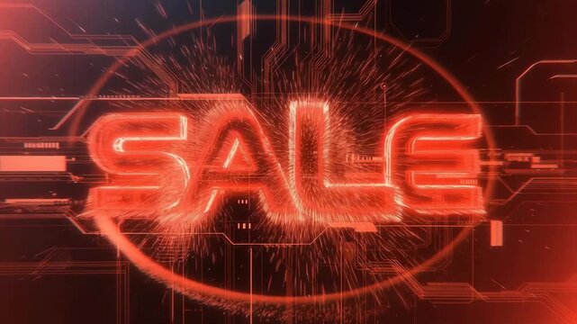 Bright glowing SALE typography in futuristic digital style on a dark background, conveying a modern promotion concept