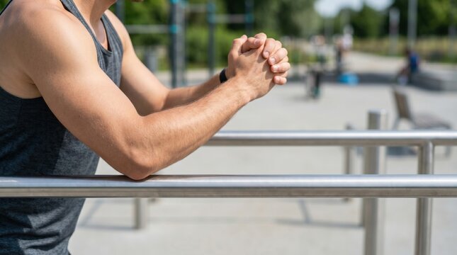 Muscular man leaning on parallel bars at outdoor gym. Athlete resting after intense workout session. Concept of healthy lifestyle, fitness training and physical rehabilitation exercise.