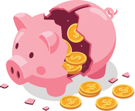 Isometric Black and White Broken Piggy Bank Silhouette with Coins