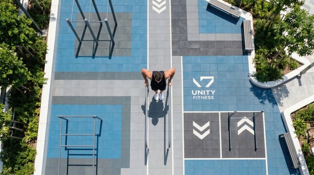 Man doing push ups on parallel bars at outdoor gym. Athlete training on playground for physical exercise and strength. Street workout concept for healthy lifestyle and sport activity.