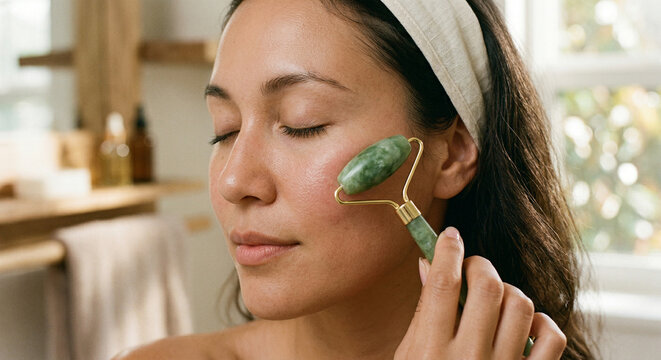 Close up of jade roller massage on woman's cheekbone