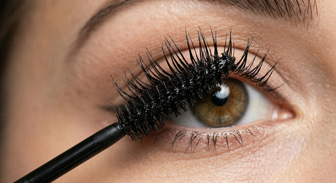 Close macro of mascara wand defining lashes in motion