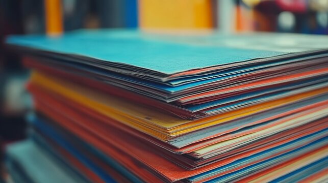 A charming collection of colorful paper stacked high rests on a table in a lively cafe. Sunlight filters through the windows, creating a warm and inviting atmosphere