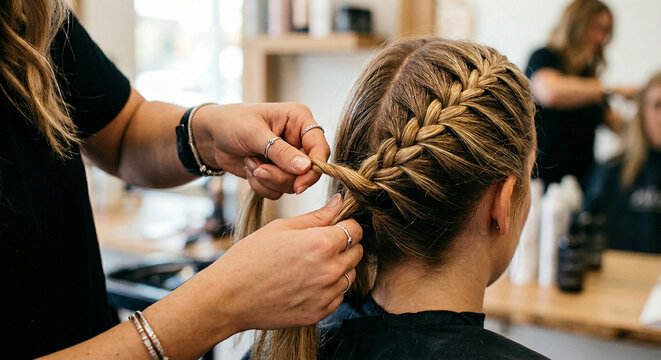 Close-up of a stylist's hands creating a French tuck braid