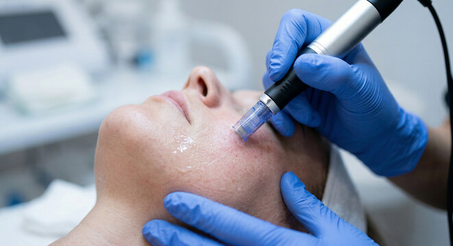 Close macro of microneedling treatment on facial skin