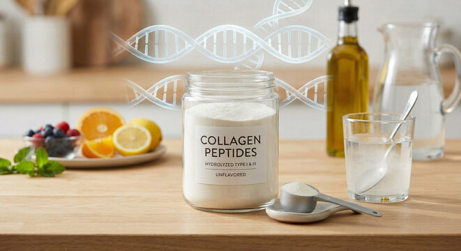 Collagen peptides supplement jar with fruit and olive oil