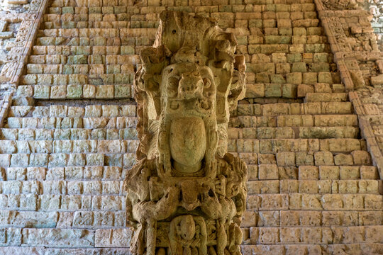 Maya hieroglyphic staircase with stele M depicting king Smoke Shell (ruler 15), Copan, Honduras.