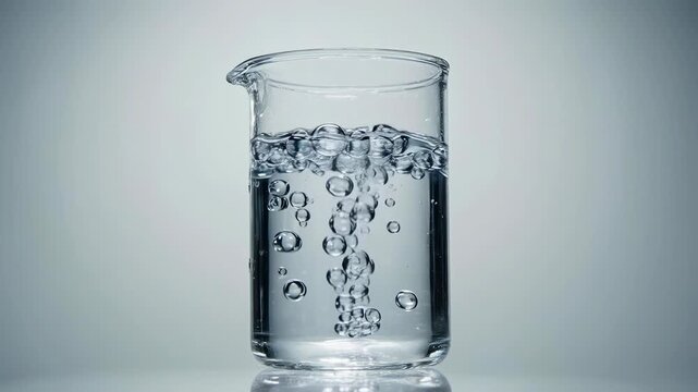 Close-up of clear water in a transparent beaker, tiny air bubbles rising rapidly from the bottom in a steady stream, high-detail water texture, studio background, 4k.