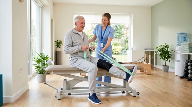 Physiotherapist helping senior man with knee injury doing physical exercise using resistance band on medical couch. Rehabilitation therapy session for recovery and joint health support.