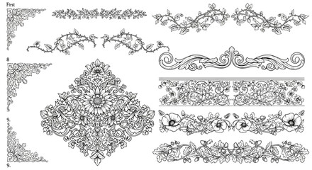 Obraz premium Ornate floral border designs, vector vintage patterns, elegant black and white illustrations, 15 decorative elements