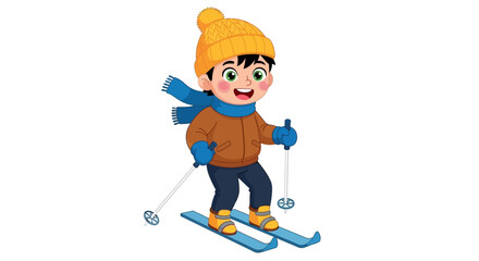 Fototapeta premium Cartoon child skier, winter sports illustration, kids skiing, colorful vector graphic