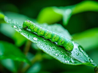 Obraz premium Vibrant green caterpillar covered in morning dew resting on a fresh leaf amidst lush natural foliage in a close-up macro nature scene with soft background blur