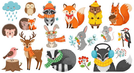 Fototapeta premium Winter forest animals, cute cartoon set, 20 vector icons, colorful illustrations, wildlife collection
