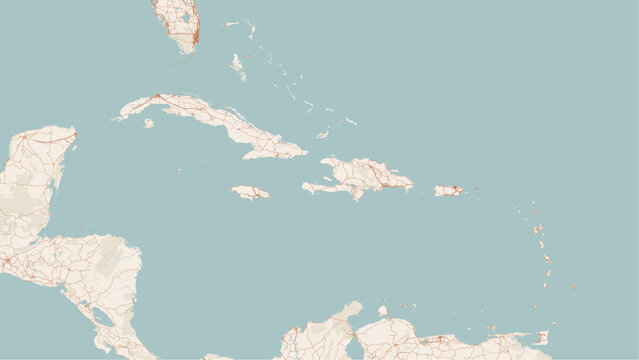 Modern minimalist black and white vector map of the Caribbean Sea. High-quality SVG illustration of the Antilles islands, coastline, and maritime borders for travel posters and infographics.