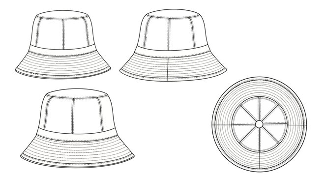 Bucket hat, technical drawings, line art, fashion design elements, 4 illustrations