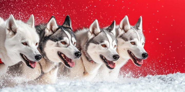 Four playful husky dogs running happily through the snow. The vibrant red background adds energy to the image. Perfect for pet lovers and winter themes. Great for advertising. AI