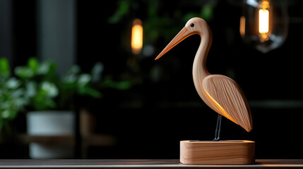 Fototapeta premium Wooden crane lamp creating ambient light, illuminating a minimalist interior while embodying natural craftsmanship and decorative elegance in Scandinavian style