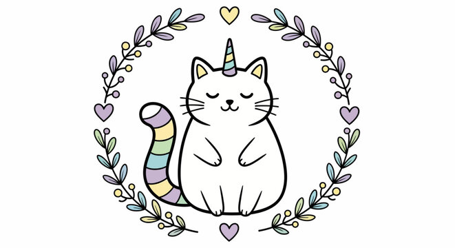 Whimsical Unicorn Cat, Pastel Rainbow Wreath, Vector Illustration, Cute Cartoon Animal, Fantasy Pet