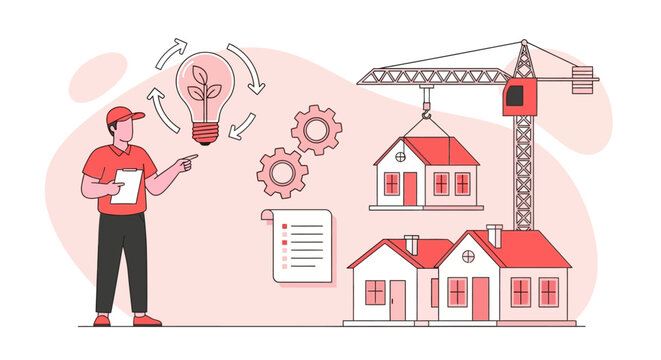 Construction, architecture, and engineering icons, house building illustrations, red and white industrial design elements, 1 vector set