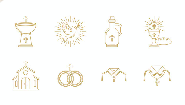 Golden Christian icons, wedding symbols, church elements, 8 sacred vector graphics