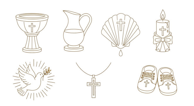 Baptism icons, Christian symbols, religious illustrations, 7 sacred elements