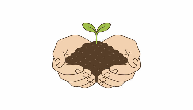 Eco friendly hands holding soil with green sprout, sustainable growth, earth care, ecology symbol, vector illustration