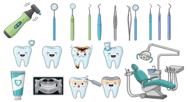 Dental care icons, tooth illustrations, dentist tools, oral hygiene set, 20 vector graphics