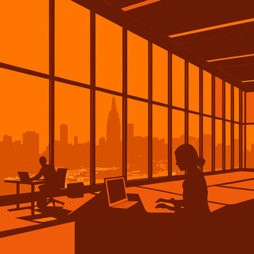 Working in a large office with city views during sunset in an urban setting with two people at desks and large windows Generative AI