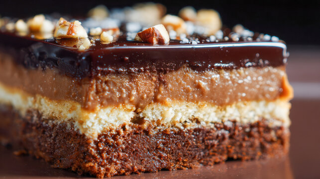Decadent layered dessert with rich chocolate base, creamy caramel middle, fluffy cake layer, glossy chocolate topping, and crunchy nut garnish on top