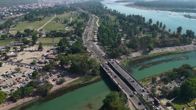 Static aerial View of Highway Bridge Over Ganges River with Traffic in Haridwar
