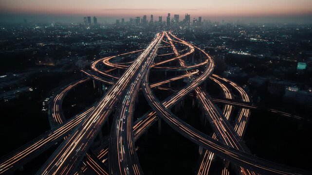 Aerial freeway interchange leading into downtown skyline with traffic trails at dusk