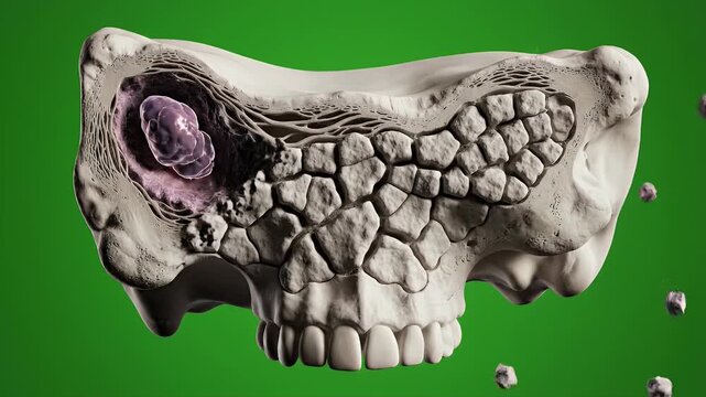 Detailed CGI Visualization of Paget's Disease Showing Affected Skull with Irregular Bone Growths on Green Background