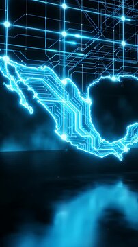 Dynamic Animated Representation of Mexico Shaped by Glowing Blue Lines Against a Dark Abstract Background