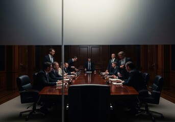 Fototapeta premium Businessmen in suits in a tense boardroom meeting, discussing important strategy around a large table