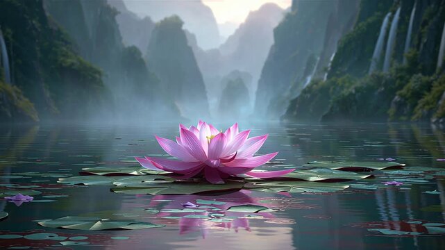 Pink lotus blossom floating on misty lake reflecting karst peaks at dawn, dew on petals, tranquil meditative mood with soft bluegreen background and gentle