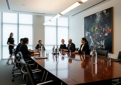 Diverse business professionals in a modern boardroom meeting, discussing strategy around a polished table