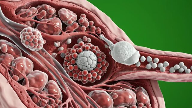 High-Poly ZBrush Render of Human Red Bone Marrow with Detailed Cellular Structures and Blood Vessels Against Green Background